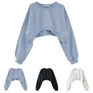 New Fashion Top Cropped Crop Top Sweatshirt Long Sleeve Solid Color Loose - Picture 1 of 25