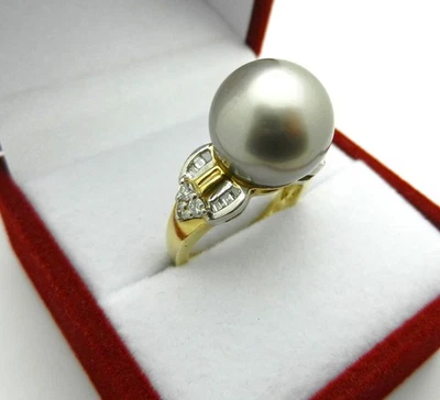 Anillo Perla Gris 13mm con Diamantes, Oro 18k y Platino PT900 9,7 gr talla 5,75 Foto 1 de 4