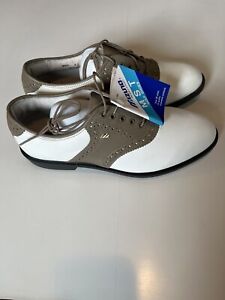 Vintage Mizuno(NEW) Wht/Tan Leather Golf Shoes Men's Size 8.5 Cermet Spikes