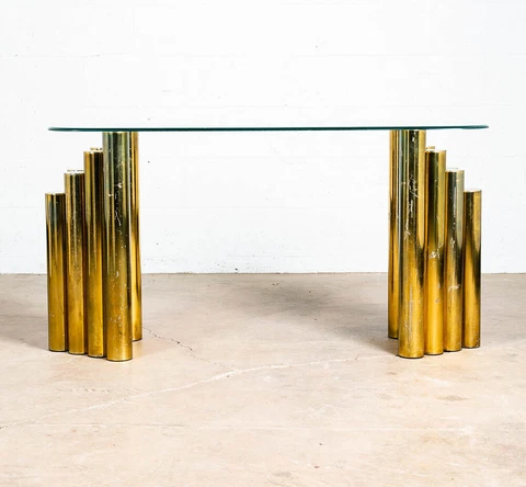 Mid Century Modern Console Table Brass Glass Vintage Circular Gold Cylinder Mcm Cover