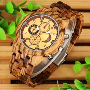 Full Wood Band Mens Chronograph Auto Date Display Mixed Wooden Adjustable Luxury - Picture 1 of 8
