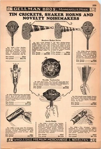 1930's Novelty Party Noisemakers Horns Crickets Ad Catalog Page Gellman Bros C6 - Picture 1 of 2