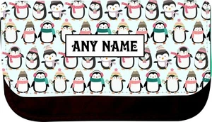 PERSONALISED WINTER PENGUINS PRINT PENCIL CASE SCHOOL BIRTHDAY CHRISTMAS GIFT - Picture 1 of 4