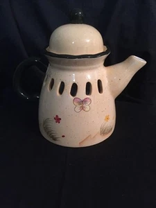 7" Home Interiors Tan Speckled Black Handled Teapot Votive Candle Holder - Picture 1 of 9