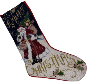 Vintage Wolle Nadelspitze Frohe Weihnachten Santa Geschenke Geschenke roter Strumpf - Bild 1 von 4
