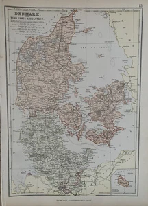 1882 Denmark & Schleswig Holstein Antique Colour Map by John Bartholomew - Picture 1 of 3