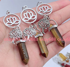 3pcs Tiger Eye Stone Gem Lotus Tree Pendants Energy Chakra Reiki Healing Amulet