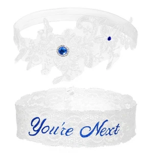 Juego de 2 ligas de boda de cristal de encaje, ligas de boda de encaje, pedrería azul... - Imagen 1 de 7