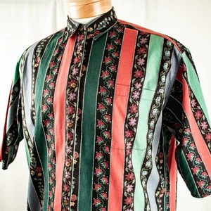 ESPIRIT Vintage Black Red Green Floral Striped Men Short Sleeve Shirt Size M - Picture 1 of 16