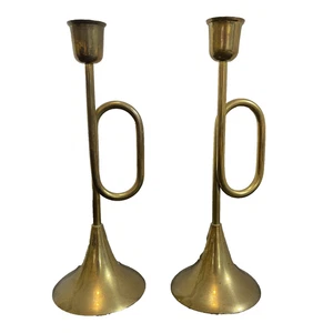 Set 2 candelabri portacandele vintage in ottone massiccio tromba corno 8" India - Foto 1 di 5