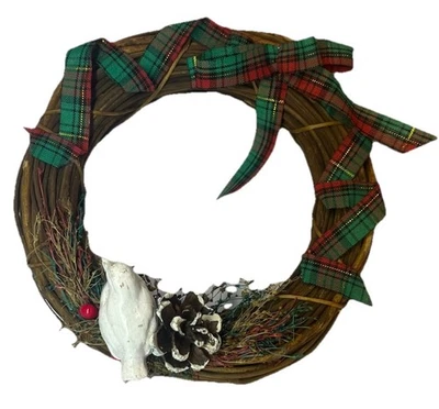 Рождественский праздничный венок ручной работы из виноградной лозы с белой птицей и сосновым конусом винтажный 6 дюймов - Изображение 1 из 4