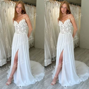 Boho Chiffon Wedding Dresses High Split Side Beach Dress Applique Bridal Gowns - Picture 1 of 20