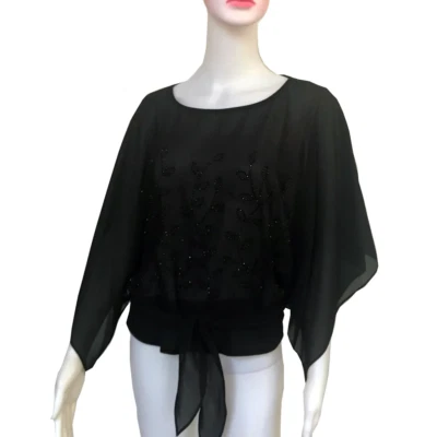 Vintage 1970s Batwing Sleeve Sheer Black Disco Blouse Size Large Goth - Image 1 of 4