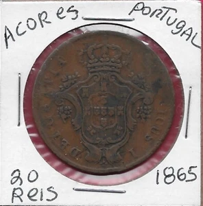 PORTUGAL KINGDOM AZORES 20 REIS 1865 D.LUIZ I,CROWNED ARMS ON ORNATE SHIELD,DENO - Picture 1 of 2