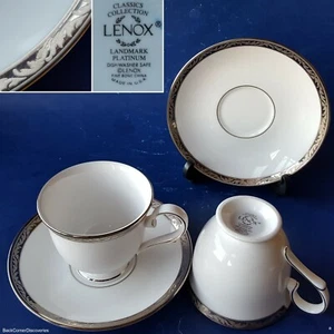2 sets: Lenox USA Classics Collection 'Landmark Platinum' Footed Cups & Saucers - Picture 1 of 11