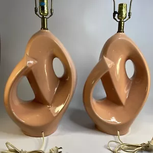 2 passende Vintage MCM Pfirsich Keramik Skulptur Abstrakt Wirbel 3 Wege Tischlampen - Bild 1 von 9
