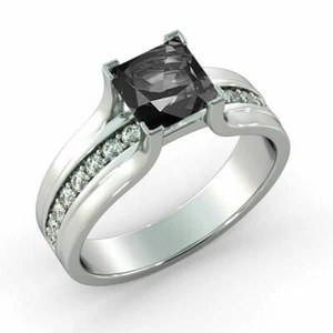 2.3Ct Princess Cut Black Diamond Solitaire Engagement Ring 14K White Gold Finish - Picture 1 of 8