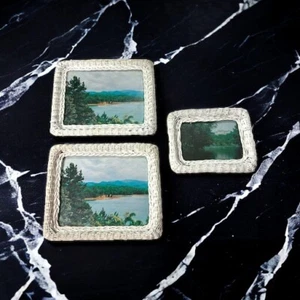 Vintage Set geflochtener Korb Rattan Bilderrahmen Boho Landhaus 2 12x10” 1 9x7” hängend sitzen - Bild 1 von 23