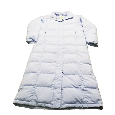 LL Bean Puffer 女式中号浅蓝色鹅绒连帽人造毛皮长 — 第 1/4 张图片