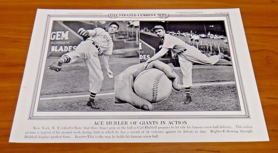 Carl Hubbell Baseball 1936 Original Illustrated Current News 19x12 Great Condit - Image 1 of 3