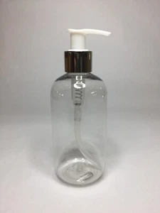 150ml PET Clear Plastic Boston Bottle & Shiny Silver Lotion Pump ANY AMOUNT - Picture 1 of 1