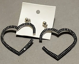 Open Heart Rhinestone Hoop Earrings Free People Silver & Black - choose color - Picture 1 of 5