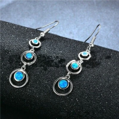 Awesome New Silver Plated Triple Round Blue Resin Fire Opal Hook Dangle Earrings - Image 1 of 4