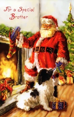 Warm CHRISTMAS Card FOR BROTHER, Santa Springer Dog by Gallant Greetings + ✉