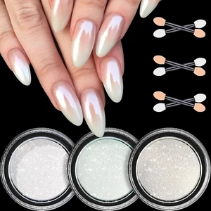 White Pearl Chrome Nail Powder, 3 Colors Clear Aurora Glass Ice Transparent Chro - Picture 1 of 9