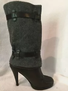 Cole Haan Air Kennedy Brown Leather Gray Wool Felt High Heel Boots 5 B Casual - Picture 1 of 10
