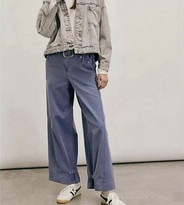 NWOT Free People Sloane Blue Wide Leg Baggy Elastic Waist Belted Pants Sz Med - Image 1 of 4