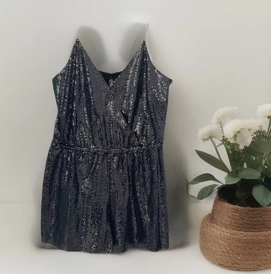 Mameluco Silvergate Correa de Espagueti Imitación Envoltura Azul Negro Lentejuelas Talla Grande Foto 1 de 4