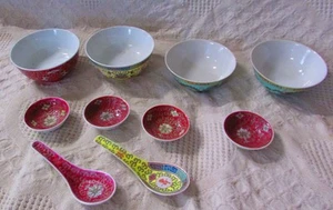 Tazones de arroz chinos vintage, tazones para salsa y cucharas en plato, finos patrimoniales - Imagen 1 de 14
