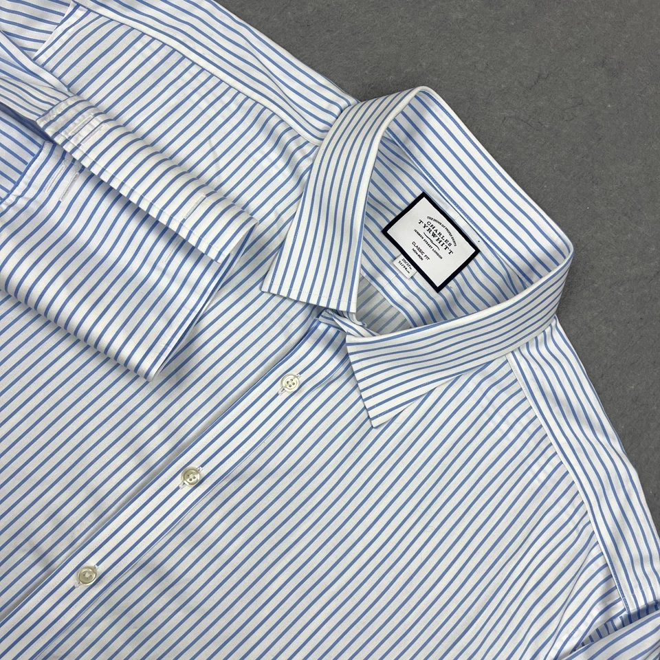 Charles Tyrwhitt Dress Shirt Mens 20 Blue Stripe Classic French Cuff Button Up - Image 1 of 4