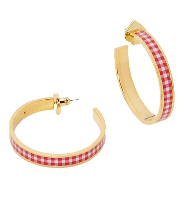 Kate Spade Heritage Spade Flower Hoops Lava Falls Gingham Hoop Earrings NEW Red - Image 1 of 4