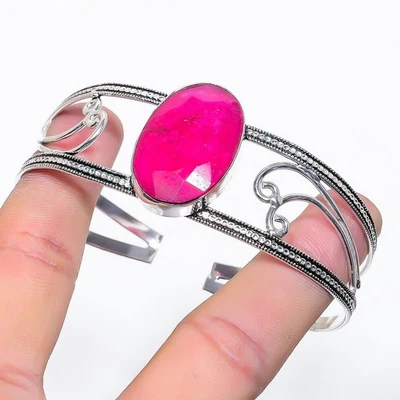 Ruby(Simulated) Gemstone Handmade 925 Sterling Silver Cuff Bangle Adj. V675 - Image 1 of 2