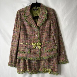 Rickie Freeman Teri Jon Skirt Suit Women 14 Wool Blend Tweed Fringe Bow Grn Pink - Picture 1 of 11