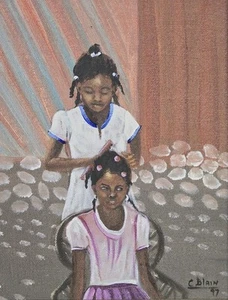 1997 Carel Blain - Young Girls Braiding Hair - HAITI Black Folk Art Painting - Picture 1 of 7