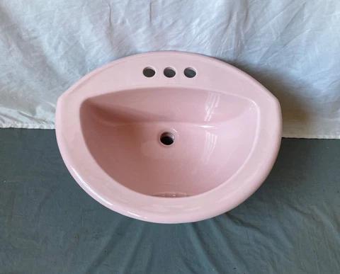 Vtg Shell Pink 21x17 Oval Self Rimming Drop In Bath Sink NOS Crane Old 219-23E Cover