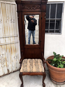 Antique Hall Tree Seat Stand With Mirror & Hidden Compartment Behind Mirror