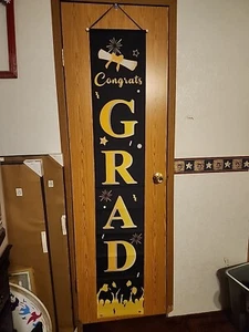 Congratulations Graduation Scroll Pennant Black Yellow Hanging Banner 70" - Picture 1 of 4