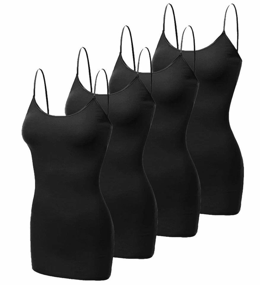 [4 pack] Women Long Camisole Tank Tops Cotton Basic Cami Tops W/ Straps S ~ 3XL - Image 1 of 4