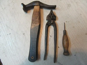 VTG OLD FORGED COBBLER SHOEMAKER LEATHER LASTING PLIERS PINCERS AWL HAMMER TOOLS - Picture 1 of 4