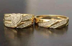 14K Yellow Gold Plated 2Ct His/ Her Simulated Diamond Trio Wedding Band Ring Set - Picture 1 of 3