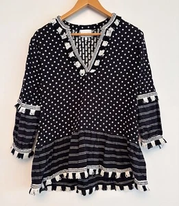 Seed Ladies Top Size 8 Black 100% Cotton Tassel Fringe Half Sleeve Beach Resort - Picture 1 of 12