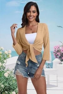 Women's Tie Front Shrug 3/4 Sleeve Bolero Cardigan Summer Casual Short Shawl Top - Picture 1 of 13