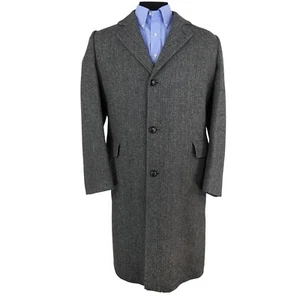 VTG LONDON FOG Men’s 44L Herringbone TWEED Overcoat Leather Buttons Black & Gray - Picture 1 of 5