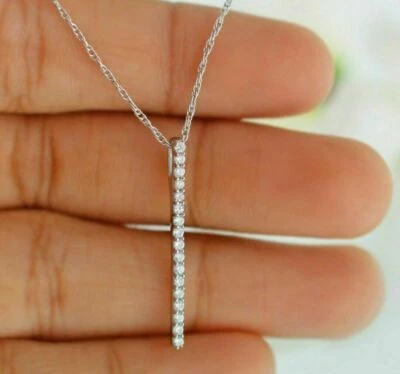 0.25 Ct Round Cut Natural Diamond Vertical Bar Pendant Necklace Sterling Silver - Image 1 of 4