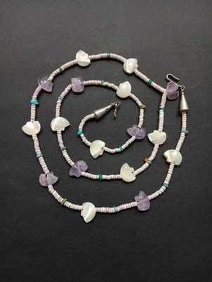 Santo Domingo 925 Amatista Esterlina MoP Oso Fetiche Heishi Cuentas Collar 25" Foto 1 de 4