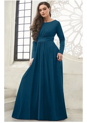 Maxi Vestido de Fiesta KOH KOH Manga Larga Cintura Imperio Invierno Fluido Azul Elastizado S Foto 1 de 4